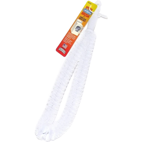 Flexible white lint brush with spirally wound bristles designed to remove buildup from lower dryer traps, made in the USA, part of Household Cleaning and Best Sellers collections.