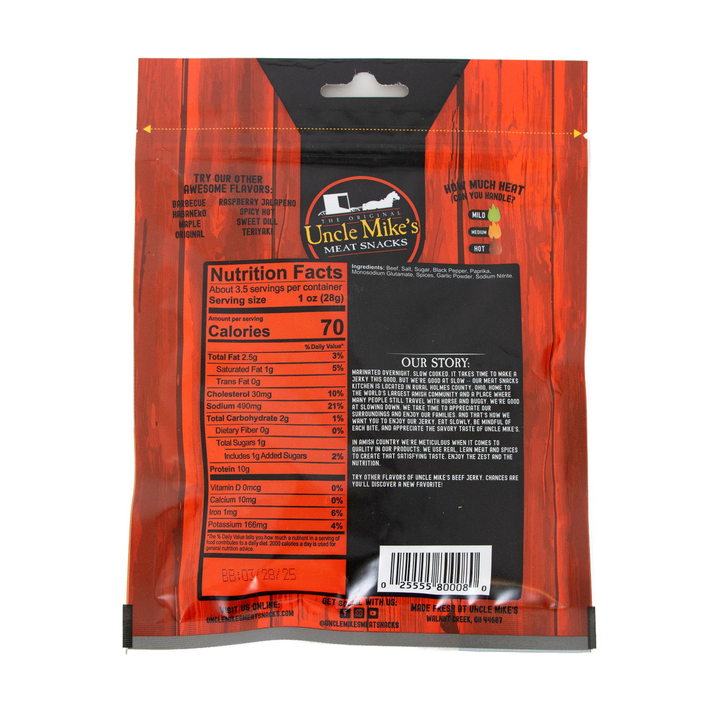Rear view of resealable package for Uncle Mike’s beef jerky showing nutrition facts, ingredients, product story, and heat level chart, highlighting a protein snack from USA Made, Kitchen & Food, Snacks and Sweets, Meats, Best Sellers, and Promo Eligible collections.