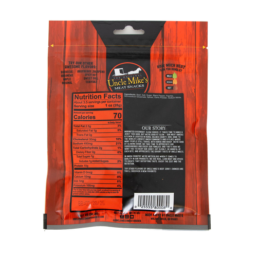 Rear view of resealable package for Uncle Mike’s beef jerky showing nutrition facts, ingredients, product story, and heat level chart, highlighting a protein snack from USA Made, Kitchen & Food, Snacks and Sweets, Meats, Best Sellers, and Promo Eligible collections.