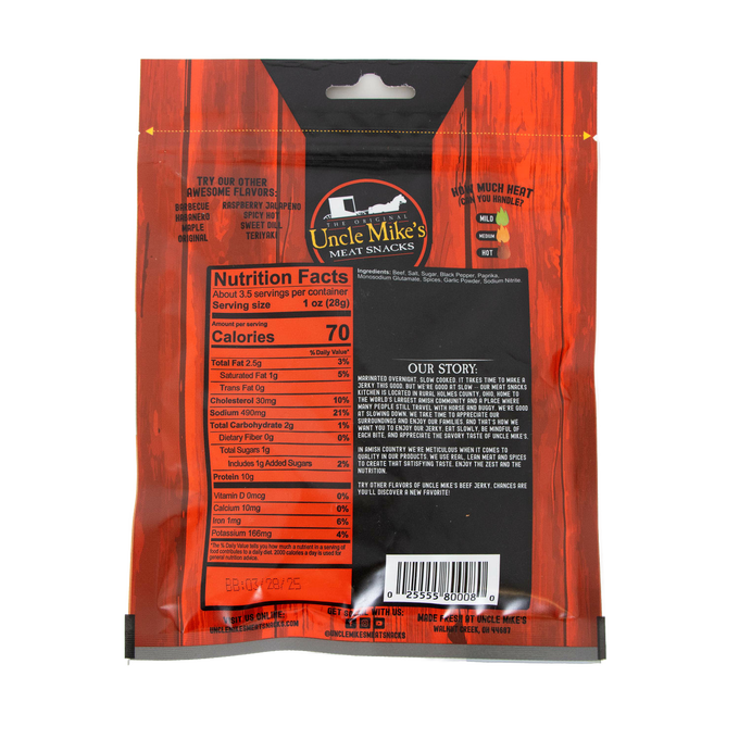 Rear view of resealable package for Uncle Mike’s beef jerky showing nutrition facts, ingredients, product story, and heat level chart, highlighting a protein snack from USA Made, Kitchen & Food, Snacks and Sweets, Meats, Best Sellers, and Promo Eligible collections.