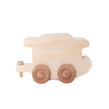 Handcrafted wooden train car in natural finish with simple design and round wheels, Amish made in the USA, perfect for indoor play and children's toys collections.