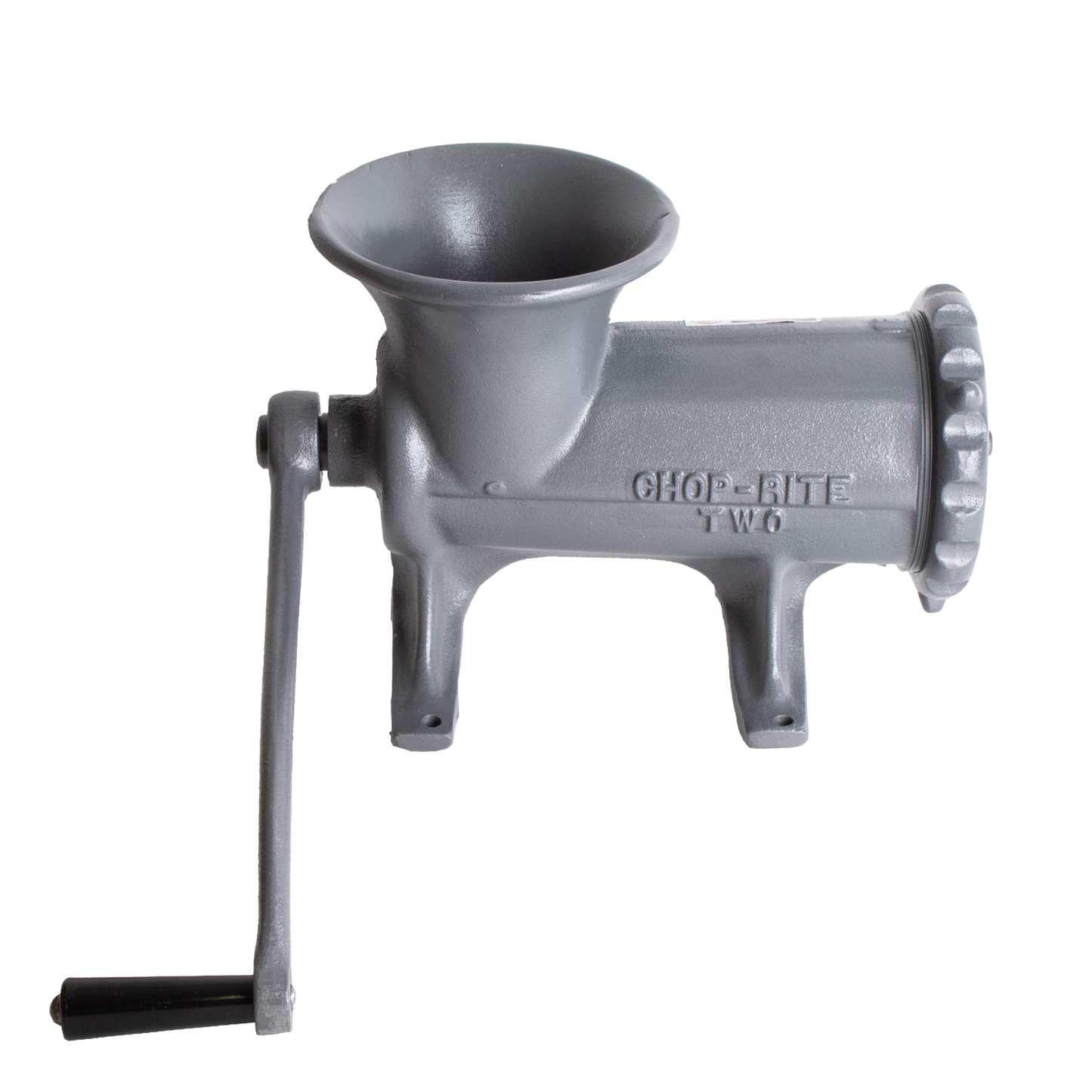Gray metal meat grinder with hand crank and bolt-down mounting, featuring a tough Xylon non-stick coating, designed for professionals and included in Kitchen & Food and Specialty Equipment collections.