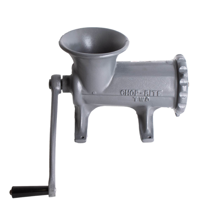 Gray metal meat grinder with hand crank and bolt-down mounting, featuring a tough Xylon non-stick coating, designed for professionals and included in Kitchen & Food and Specialty Equipment collections.