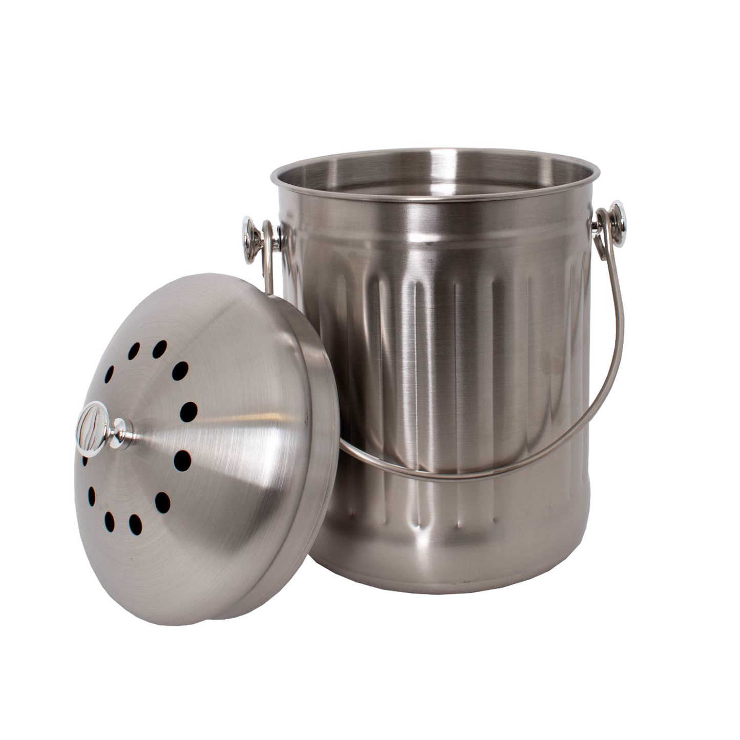 Brushed stainless steel compost pail with perforated lid and sturdy handle, designed for odor control and easy use in Farm, Garden & Tool and Kitchen & Food collections.