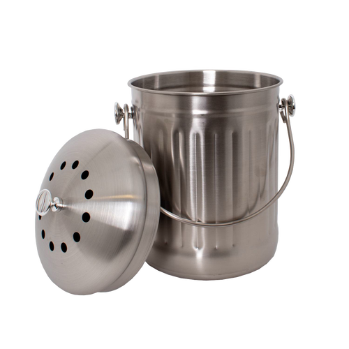 Brushed stainless steel compost pail with perforated lid and sturdy handle, designed for odor control and easy use in Farm, Garden & Tool and Kitchen & Food collections.