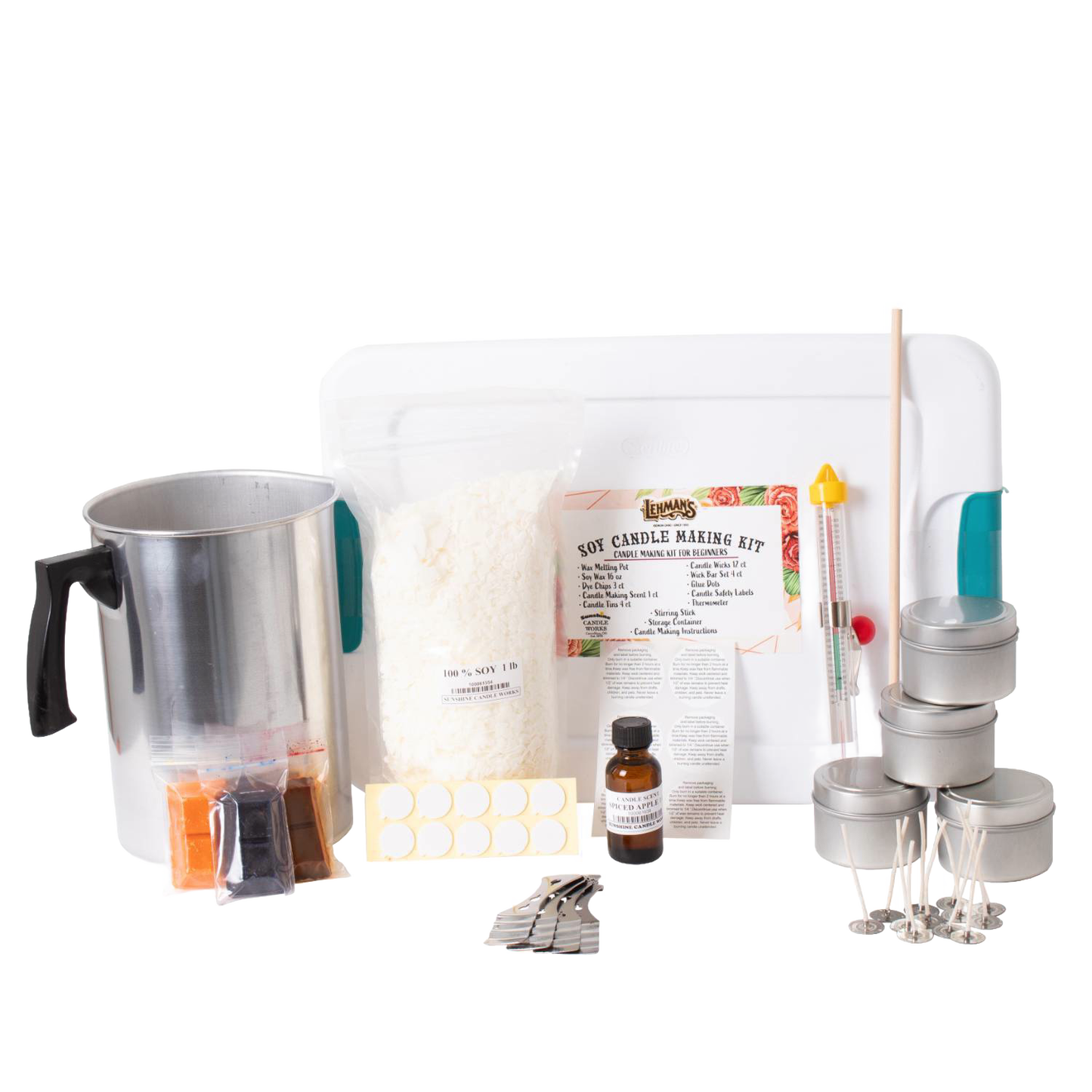 Handcrafted soy candle making kit featuring a metal melting pot, one-pound soy wax, scented oil, colorful dye chips, wick sustainers, candle tins, thermometer, stirring stick, and caution labels, perfect for Lamps & Lighting, Candles and Candlemaking, Candlemaking Supplies, Best Sellers, and Promo Eligible collections.
