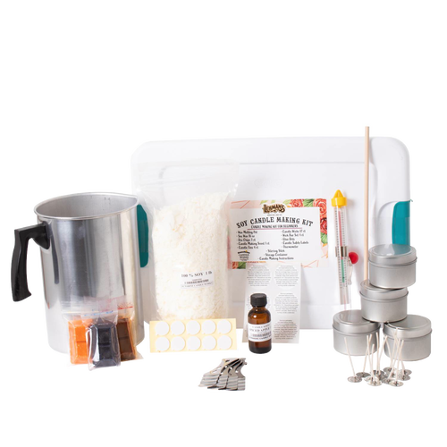 Handcrafted soy candle making kit featuring a metal melting pot, one-pound soy wax, scented oil, colorful dye chips, wick sustainers, candle tins, thermometer, stirring stick, and caution labels, perfect for Lamps & Lighting, Candles and Candlemaking, Candlemaking Supplies, Best Sellers, and Promo Eligible collections.