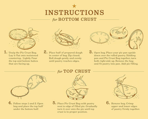 Beige instructional poster illustrating step-by-step process for making bottom and top pie crusts using a zippered plastic bag, featuring hand-drawn sketches and clear text, suitable for Kitchen & Food, Cookware, Baking Supplies, Best Sellers, and Promo Eligible collections.