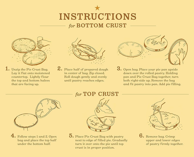 Beige instructional poster illustrating step-by-step process for making bottom and top pie crusts using a zippered plastic bag, featuring hand-drawn sketches and clear text, suitable for Kitchen & Food, Cookware, Baking Supplies, Best Sellers, and Promo Eligible collections.