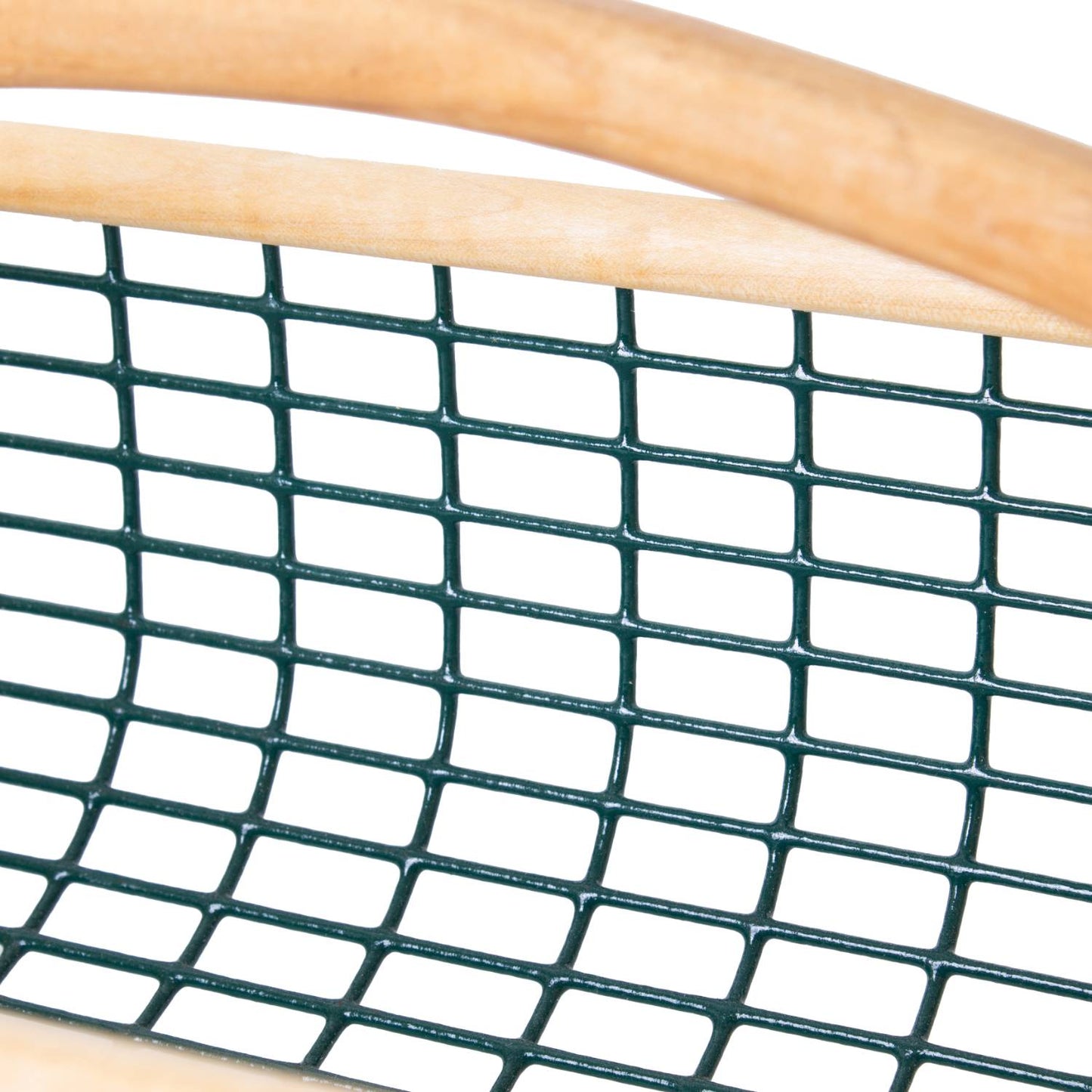 Close-up of a handmade garden hod with a sturdy wire mesh body and smooth wooden handles, crafted in USA for washing and carrying harvests, featured in Farm, Garden & Tool and USA Made collections.