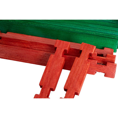 Handcrafted wooden interlocking toy logs in red and green, made in USA, designed for indoor play and creative children's building activities.