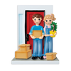 Handcrafted resin ornament depicting a moving in couple holding a box and potted plant in front of a red door with additional boxes, part of Home & Decor and Holiday Decor collections.