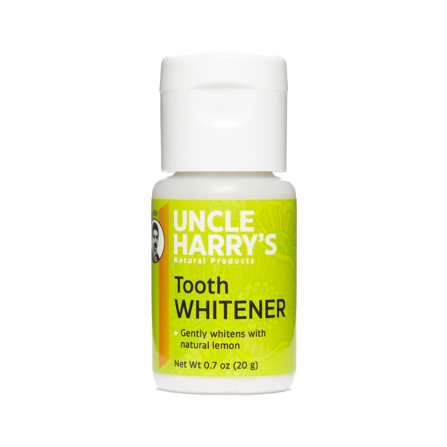 Small 0.7 oz bottle of natural tooth whitener powder featuring lemon for gentle whitening, handcrafted and made in USA, ideal for health and wellness and grooming collections.