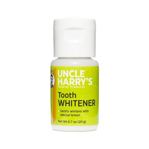 Small 0.7 oz bottle of natural tooth whitener powder featuring lemon for gentle whitening, handcrafted and made in USA, ideal for health and wellness and grooming collections.