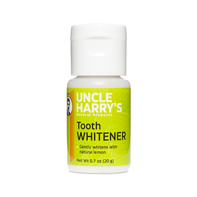 Small 0.7 oz bottle of natural tooth whitener powder featuring lemon for gentle whitening, handcrafted and made in USA, ideal for health and wellness and grooming collections.