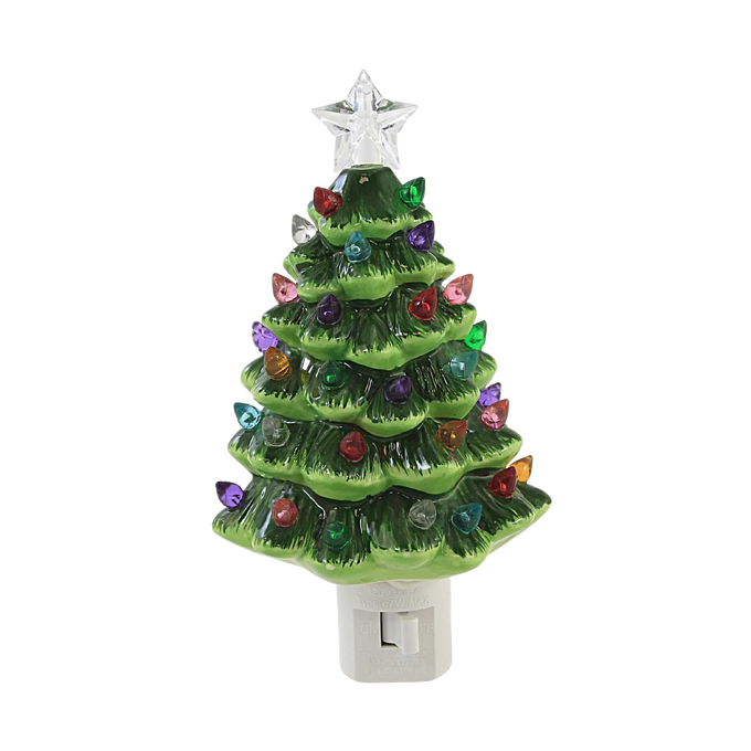 Handcrafted ceramic vintage-style tree nightlight with multicolored bulbs and clear star topper, designed to add a warm festive glow, ideal for Home & Decor, Holiday Decor, Best Sellers, and Promo Eligible collections.