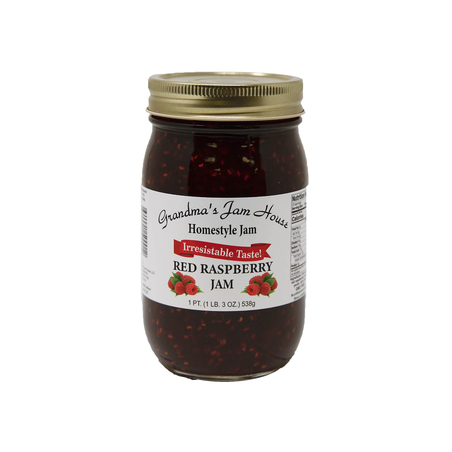 Handcrafted jar of red raspberry homestyle jam with gold metal lid and white label featuring fruit illustrations and "Irresistable Taste" banner, made in USA, ideal for Kitchen & Food, Pantry, Peanut Butter & Jellies, Best Sellers, and Promo Eligible collections.
