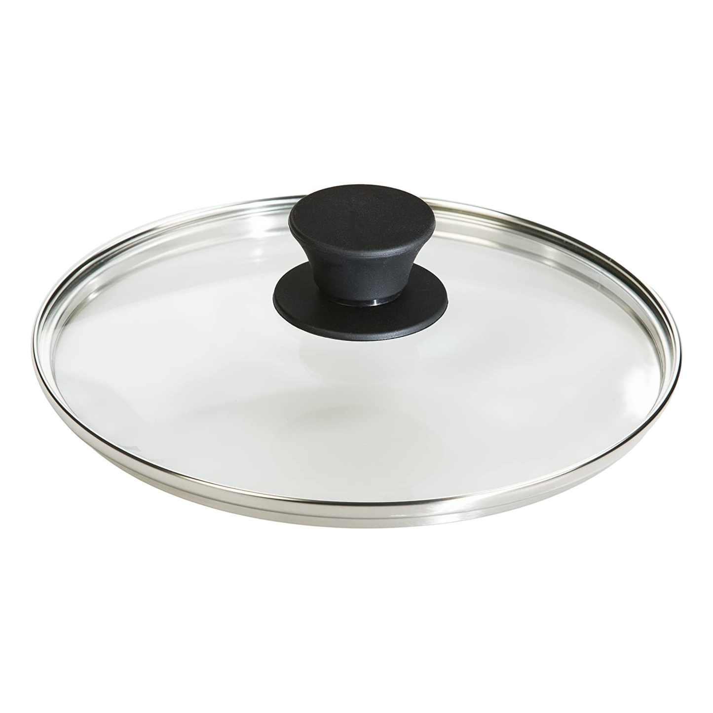 Round tempered glass cookware lid with stainless steel rim and black knob handle, designed for Kitchen & Food, Cast Iron, Cookware, Pots and Pans, and Best Sellers collections.