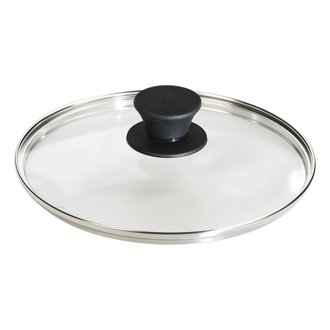 Round tempered glass cookware lid with stainless steel rim and black knob handle, designed for Kitchen & Food, Cast Iron, Cookware, Pots and Pans, and Best Sellers collections.