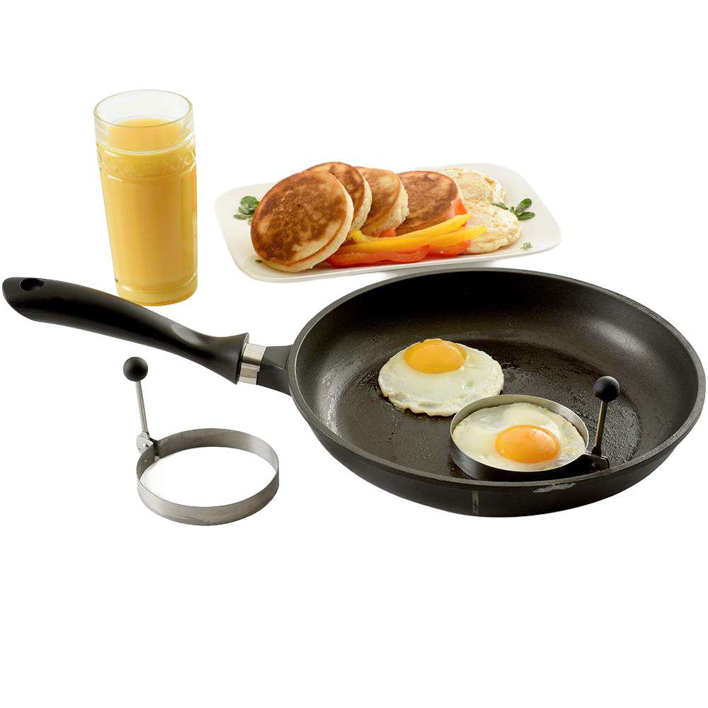Set of two handcrafted stainless steel pancake rings with stay-cool handles shown with eggs cooking in a black nonstick frying pan, next to a plate of pancakes and glass of orange juice, ideal for Kitchen & Food, Kitchen Gadgets, Cooking and Baking Helpers, Best Sellers, Promo Eligible collections.