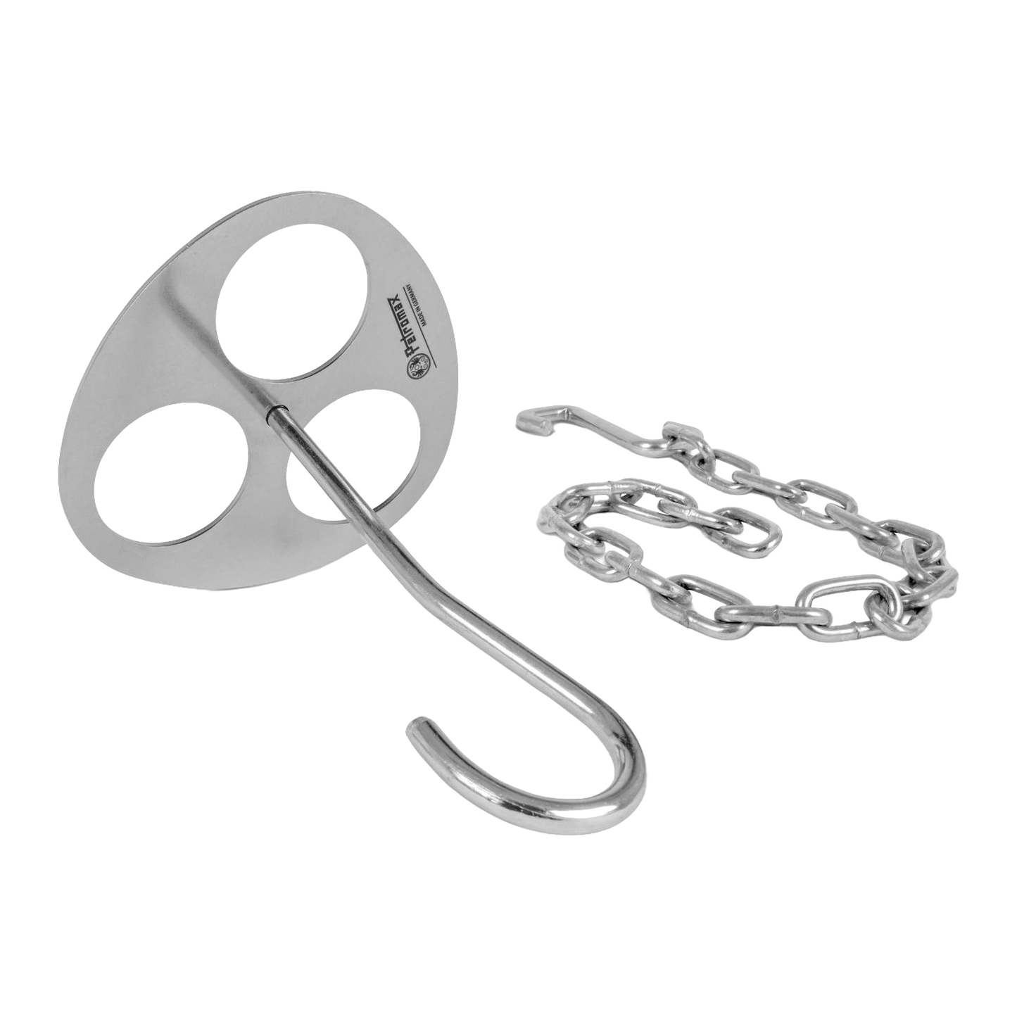 Lightweight stainless steel tripod lashing disc with attached sturdy hook and chain, designed for building outdoor branch tripods, featured in Farm, Garden & Tool, Camping, Best Sellers, and Promo Eligible collections.