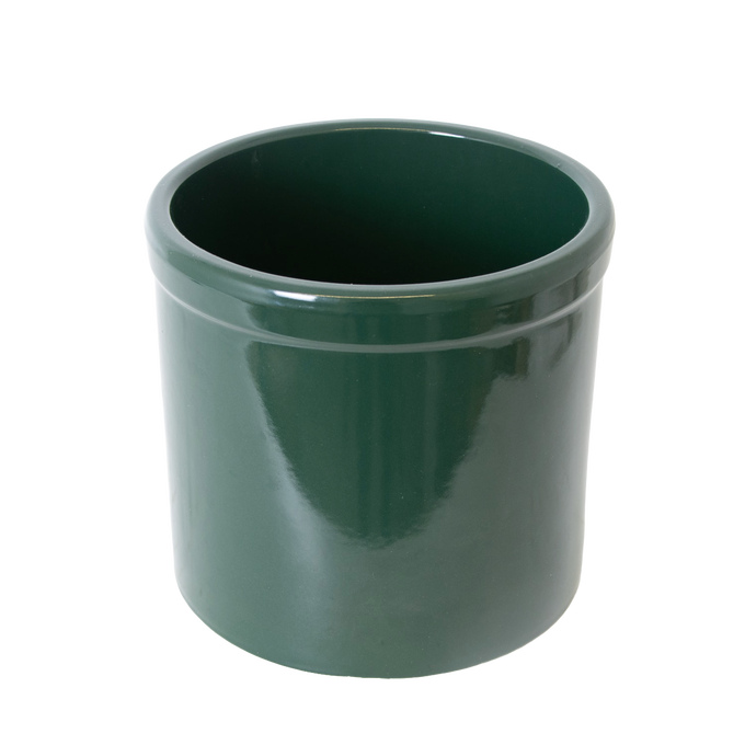 Handcrafted 2-gallon stoneware crock in deep green with a smooth, lead-free food-safe glaze, made in USA for fermenting, pickling, and kitchen use, featured in Kitchen & Food and Food Preservation collections.