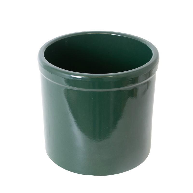 Handcrafted 2-gallon stoneware crock in deep green with a smooth, lead-free food-safe glaze, made in USA for fermenting, pickling, and kitchen use, featured in Kitchen & Food and Food Preservation collections.
