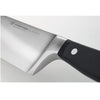 Close-up view of a high carbon stainless steel chef’s knife with a sturdy black handle triple-riveted for durability, ideal for kitchen knives, food prep, and farm tools.