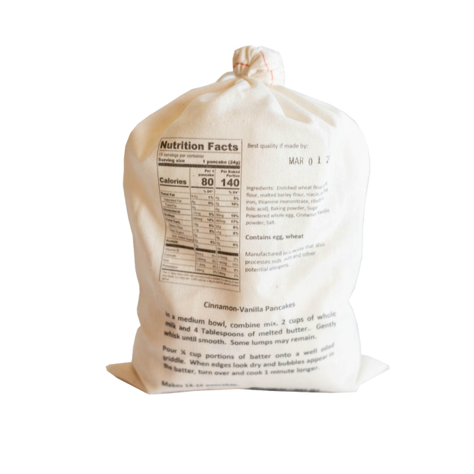 Natural fabric drawstring bag of handcrafted Lehman's exclusive pancake mix with printed nutrition facts, ingredient list, and preparation directions, ideal for Kitchen & Food, Pantry, Dry Goods and Mixes, Best Sellers, and Promo Eligible collections.