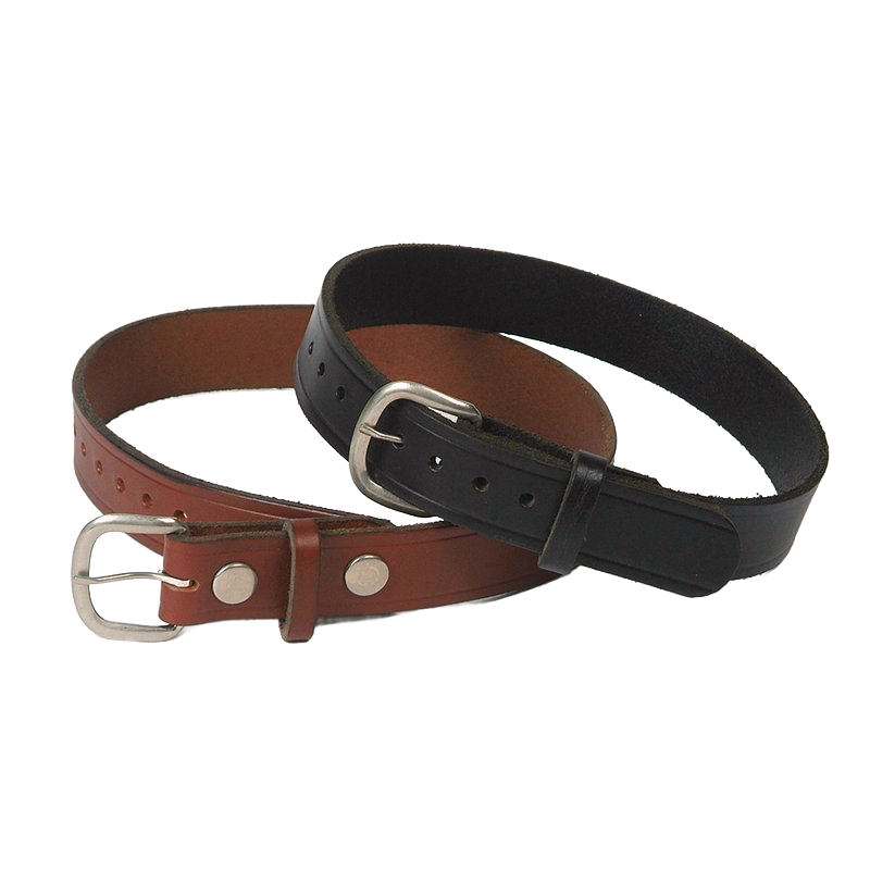 Two handcrafted Amish leather belts, one black and one brown, each 1-1/4 inches wide with chrome buckles, perfect for casual or work wear in USA Made collections.