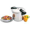 Polished stainless steel pressure cooker with secure black handles, accompanied by a steaming rack filled with vegetables and seafood, ideal for Kitchen & Food, Cookware, Pots and Pans, Best Sellers, and Promo Eligible collections.
