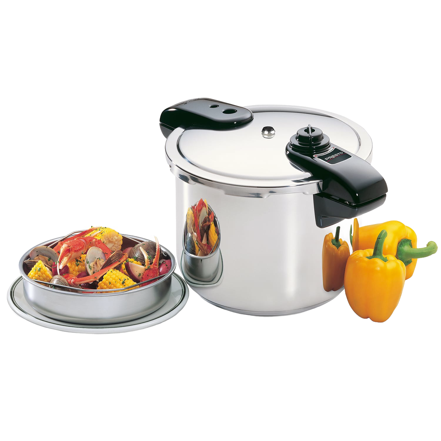 Polished stainless steel pressure cooker with secure black handles, accompanied by a steaming rack filled with vegetables and seafood, ideal for Kitchen & Food, Cookware, Pots and Pans, Best Sellers, and Promo Eligible collections.