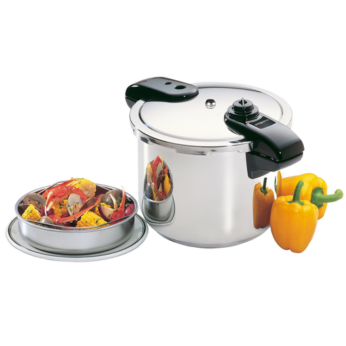 Polished stainless steel pressure cooker with secure black handles, accompanied by a steaming rack filled with vegetables and seafood, ideal for Kitchen & Food, Cookware, Pots and Pans, Best Sellers, and Promo Eligible collections.