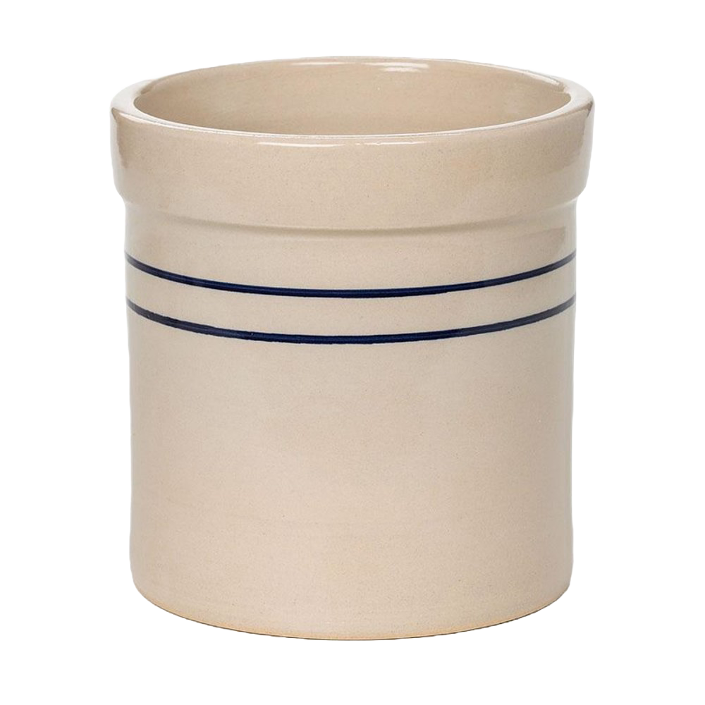 Handcrafted stoneware crock with natural finish and double blue stripes, made in USA, perfect for fermenting, kitchen storage, or decorative use in Food Preservation and Kitchen & Food collections.