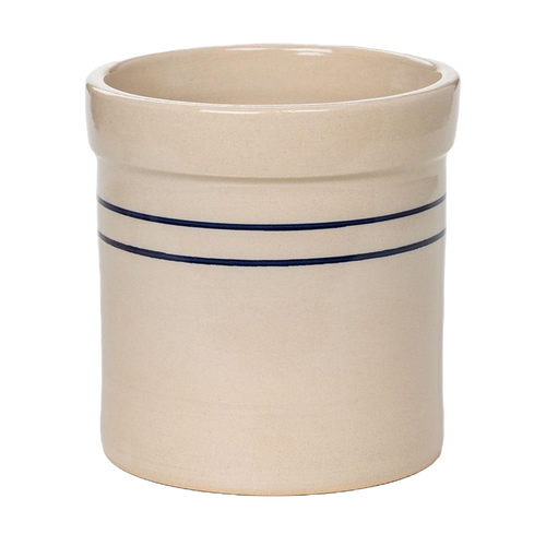Handcrafted stoneware crock with natural finish and double blue stripes, made in USA, perfect for fermenting, kitchen storage, or decorative use in Food Preservation and Kitchen & Food collections.