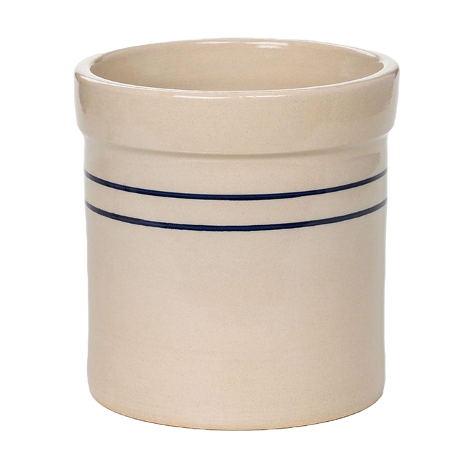 Handcrafted stoneware crock with natural finish and double blue stripes, made in USA, perfect for fermenting, kitchen storage, or decorative use in Food Preservation and Kitchen & Food collections.