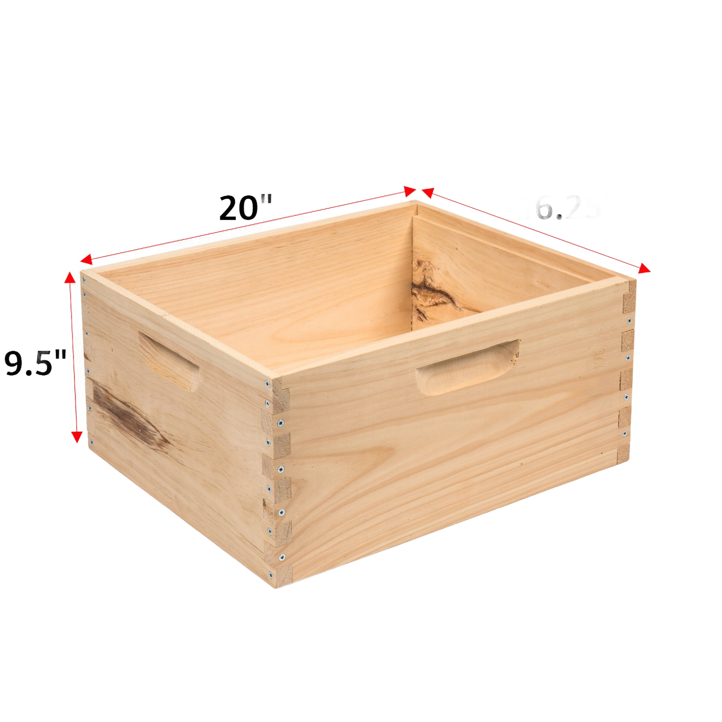 Handcrafted wooden deep bee box with natural finish, featuring dovetail joints and built-in handles, Amish made in USA, ideal for beekeeping, farm, garden, and tool collections.