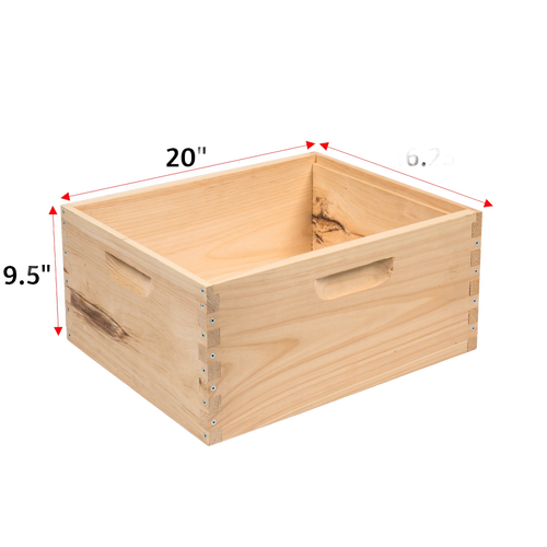 Handcrafted wooden deep bee box with natural finish, featuring dovetail joints and built-in handles, Amish made in USA, ideal for beekeeping, farm, garden, and tool collections.
