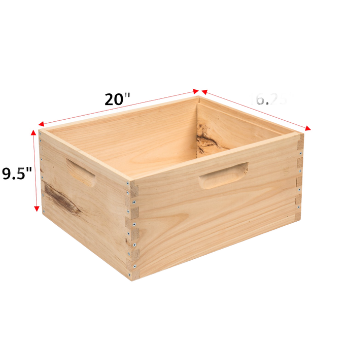 Handcrafted wooden deep bee box with natural finish, featuring dovetail joints and built-in handles, Amish made in USA, ideal for beekeeping, farm, garden, and tool collections.