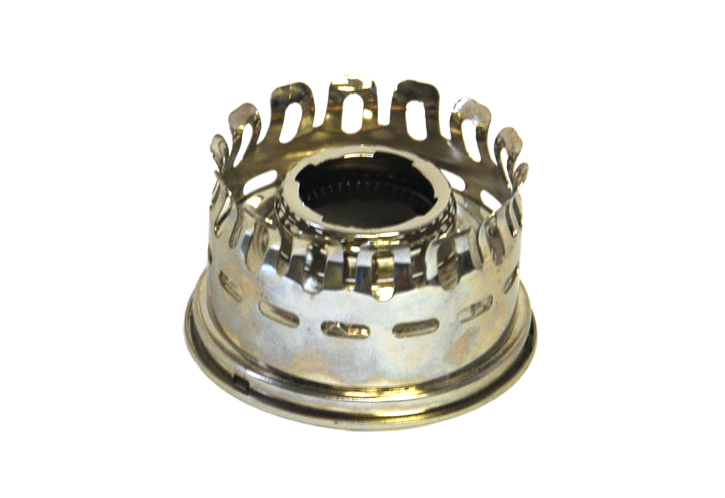 Polished metal oil lamp gallery without heel, designed for vintage-style burners, compatible with various Aladdin models since 1917, featured in Lamps & Lighting and Parts accessories.