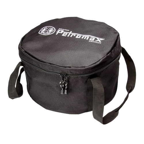 Black durable fabric transport bag with sturdy carrying straps and zip closure, designed for securely storing and carrying Dutch ovens, suited for outdoor camping and garden tool use.