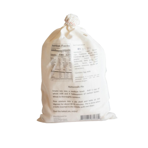 Drawstring bag of handcrafted Amish pie filling mix with printed nutrition facts and preparation instructions, ideal for Kitchen & Food, Dry Goods and Mixes, and Best Sellers collections.