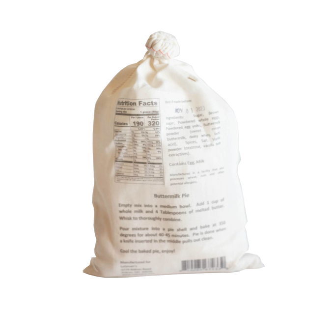 Drawstring bag of handcrafted Amish pie filling mix with printed nutrition facts and preparation instructions, ideal for Kitchen & Food, Dry Goods and Mixes, and Best Sellers collections.