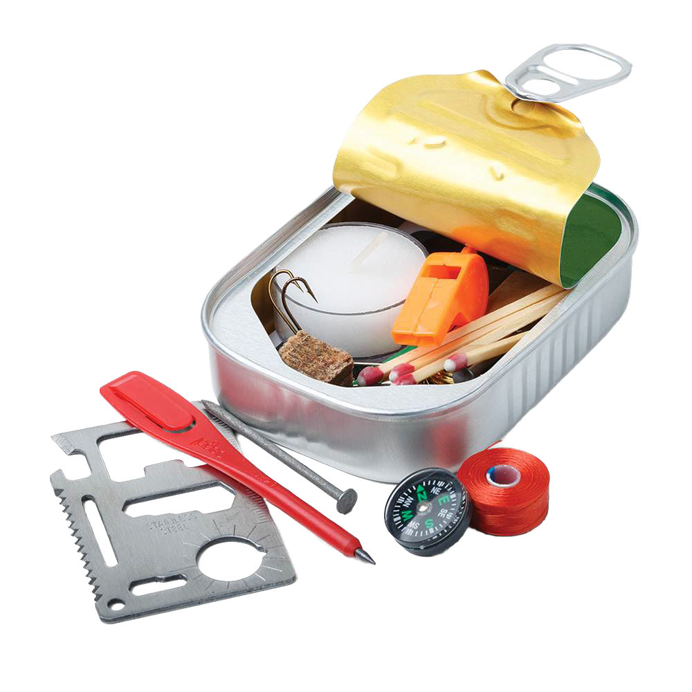 Compact emergency survival kit in a small metal can with waterproof matches, whistle, candle, fishing hook, multi-tool card, compass, and cord, ideal for outdoor and farm use.