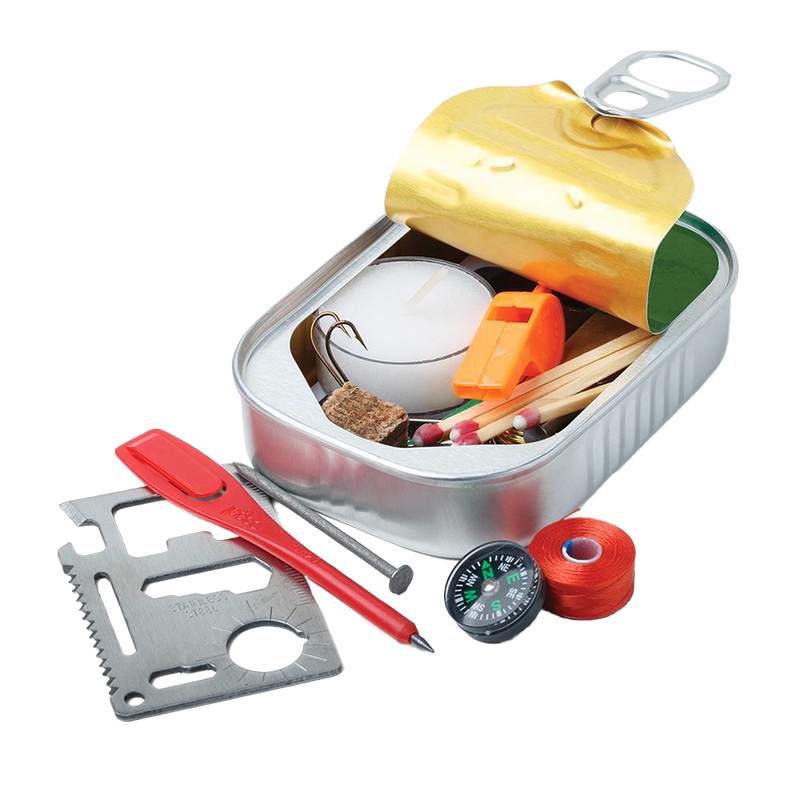 Compact emergency survival kit in a small metal can with waterproof matches, whistle, candle, fishing hook, multi-tool card, compass, and cord, ideal for outdoor and farm use.