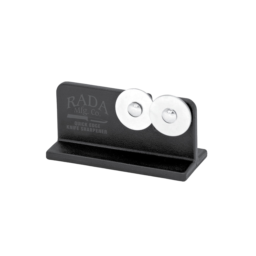 Compact black knife sharpener with reinforced nylon base and two polished sharpening wheels, designed for quick edge honing, handcrafted and made in USA, ideal for kitchen and food prep collections.