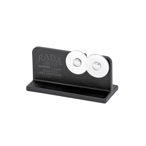 Compact black knife sharpener with reinforced nylon base and two polished sharpening wheels, designed for quick edge honing, handcrafted and made in USA, ideal for kitchen and food prep collections.