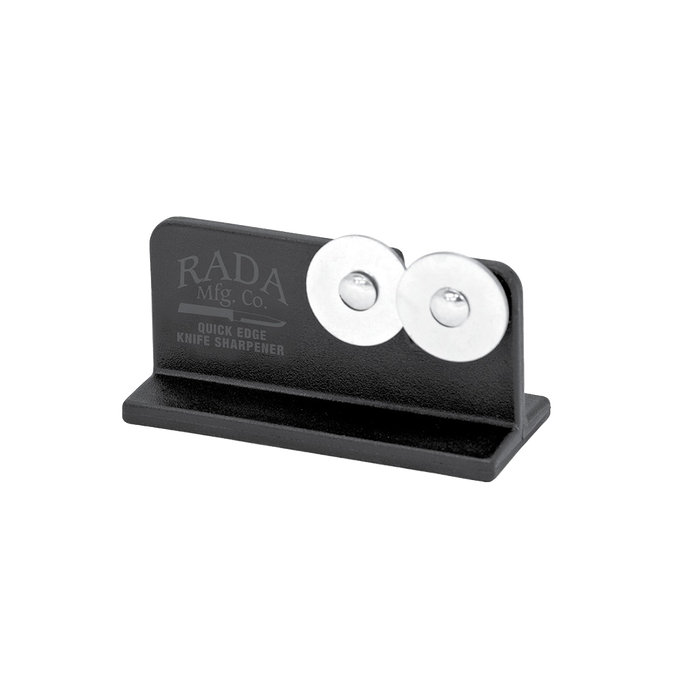 Compact black knife sharpener with reinforced nylon base and two polished sharpening wheels, designed for quick edge honing, handcrafted and made in USA, ideal for kitchen and food prep collections.