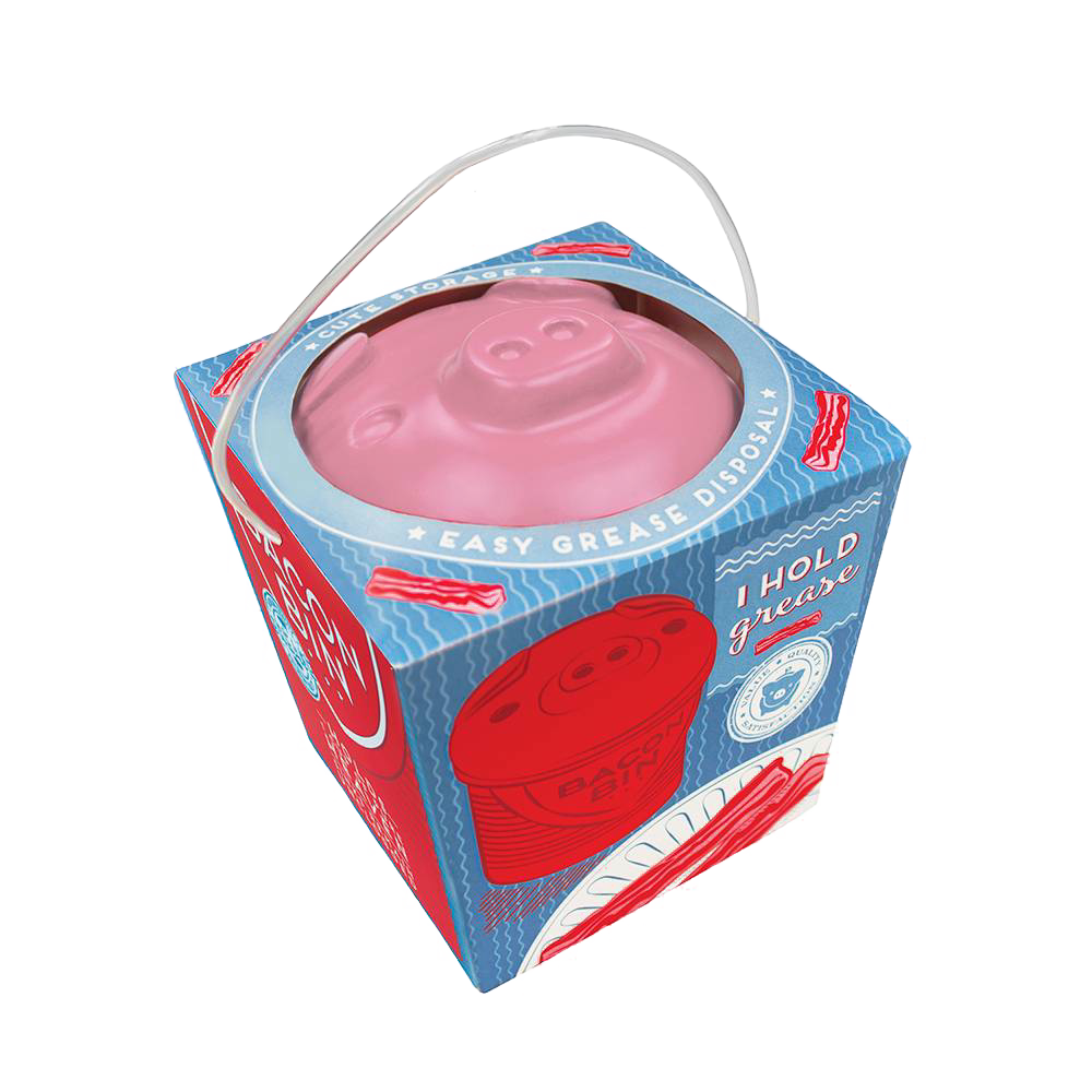 Compact silicone grease holder with pig-shaped lid inside a blue and red cardboard gift box, designed for Kitchen & Food, Kitchen Gadgets, Cooking and Baking Helpers, and Best Sellers collections.