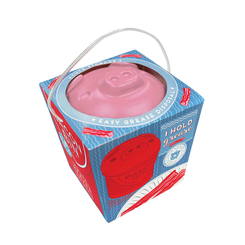 Compact silicone grease holder with pig-shaped lid inside a blue and red cardboard gift box, designed for Kitchen & Food, Kitchen Gadgets, Cooking and Baking Helpers, and Best Sellers collections.